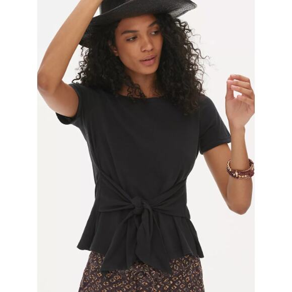 Anthropologie Black Rosamund Tie-Front Tee Womens MD Basic Casual Comfy Cotton - Picture 1 of 11